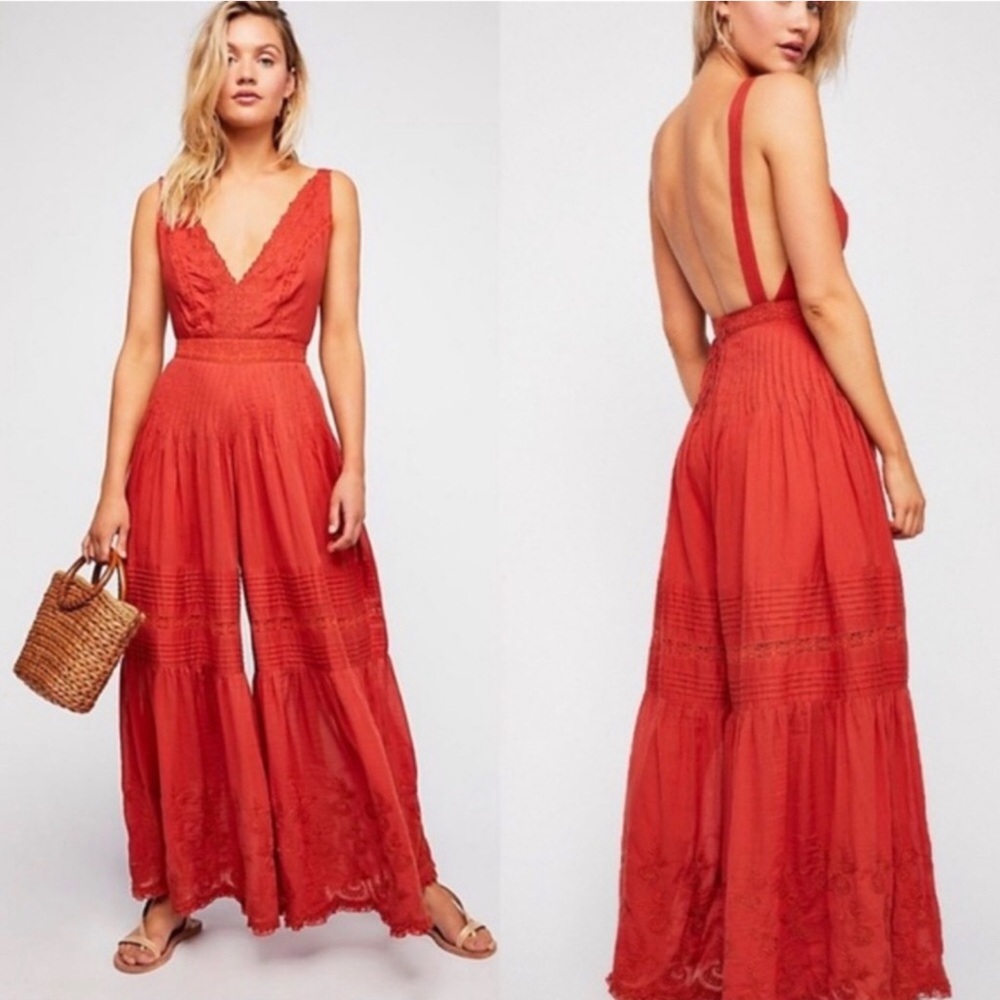 Free People Paloma Jumpsuit Wide Leg Lace V-Neck Plunge Burnt Orange Outfit 6